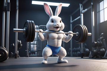 A cute bunny at gym. Easter bunny working out with weights. Fitness bunny.  - obrazy, fototapety, plakaty