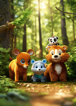 3D children's image of 4 animals playing hide and seek in the forest