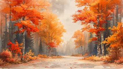 Autumn forest scene in watercolor, capturing the essence of the season