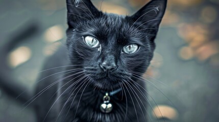 Close-up Portrait of a Mysterious Black Cat with Intense Blue Eyes and Bell Collar