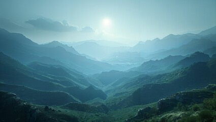 Obraz premium Gradient sky meeting a mountainous horizon, a serene yet dynamic vista