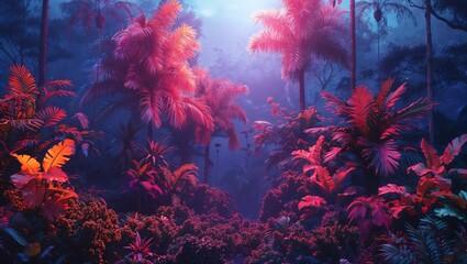 Fototapeta na wymiar Neon jungle scene, where the wild meets the whimsical in vivid colors