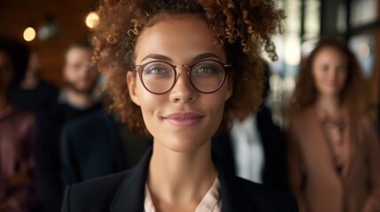 A businesswoman stands in front of a diverse team, symbolizing her leadership and collaborative approach 