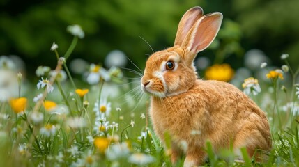 Wild Brown Rabbit in Lush Green Meadow with Spring Flowers, Nature Wildlife Scenery, Tranquil Animal Portrait