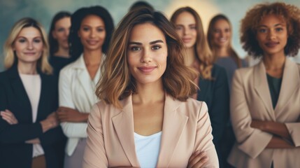 Obraz premium A businesswoman stands in front of a diverse team, symbolizing her leadership and collaborative approach 