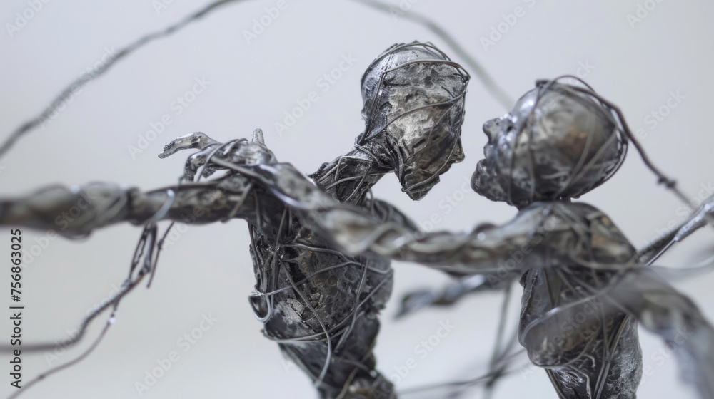 Poster two metal beings connected by a network of wires twist and pivot around each other in a graceful due