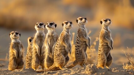 Group of Meerkats Standing Alert in Golden Hour Light in Natural Habitat