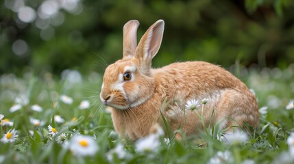 Fototapeta premium Adorable Brown Rabbit Sitting Among White Daisy Flowers in a Fresh Green Meadow