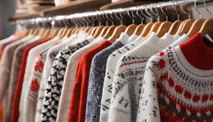 A rack with stylish female sweaters in a boutique, captured in a close-up view.