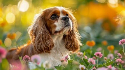 Tranquil Cavalier King Charles Spaniel Dog Admiring Nature Among Blooming Garden Flowers at Sunset