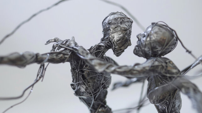 Two metal beings connected by a network of wires twist and pivot around each other in a graceful duet. The fluidity and synchronicity of movements portray the complexity