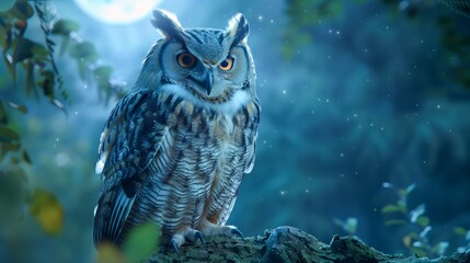 Majestic Owl Perched on Tree Branch in Moonlit Mystical Forest Night Scene