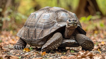 Obraz premium Majestic Tortoise In Natural Habitat Among Autumn Leaves Closeup Shot