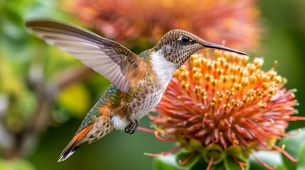 Fototapeta premium Hummingbird in Flight Feeding on Orange Flower Nectar in Vibrant Natural Setting