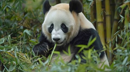 Obraz premium Giant Panda In Natural Habitat Gently Eating Bamboo Surrounded By Lush Greenery