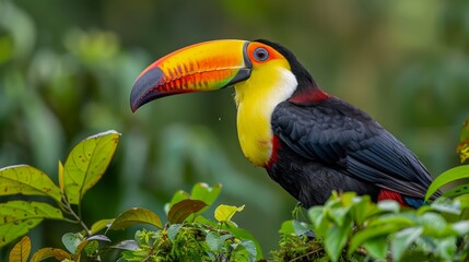 Vibrant Toucan Perched in Lush Rainforest Environment with Exotic Flora