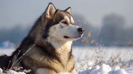 Naklejka premium Majestic Alaskan Malamute Dog Sitting in Snowy Landscape, Winter Canine Beauty under Sunlight