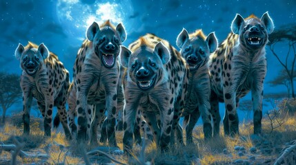 Majestic Hyenas on a Moonlit Savanna Night, Stars Gleaming Above - Wildlife, Nature, Africa,...
