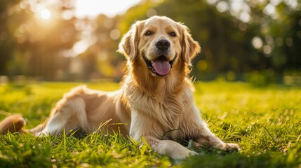 Happy Golden Retriever Dog Enjoying Sunlight in Green Park, Smiling Pet Relaxed on Grass