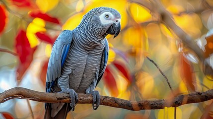 Obraz premium Majestic African Grey Parrot Perched on Branch with Vibrant Autumn Leaves Background