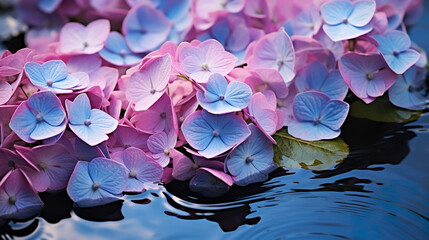 水面に浮かべた紫陽花の花