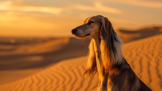 Majestic Saluki Dog Sitting on a Sand Dune at Sunset, Animal Majesty in the Desert Landscape