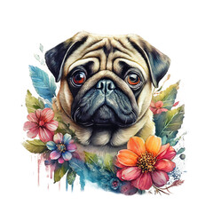Cute pug dog head and flowers for Sublimation Printing on clean background. Pet. Animals. Illustration, Generative AI.