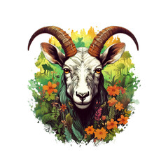 Goat head and flowers for Sublimation Printing on clean background. Farm animals. Illustration, Generative AI.