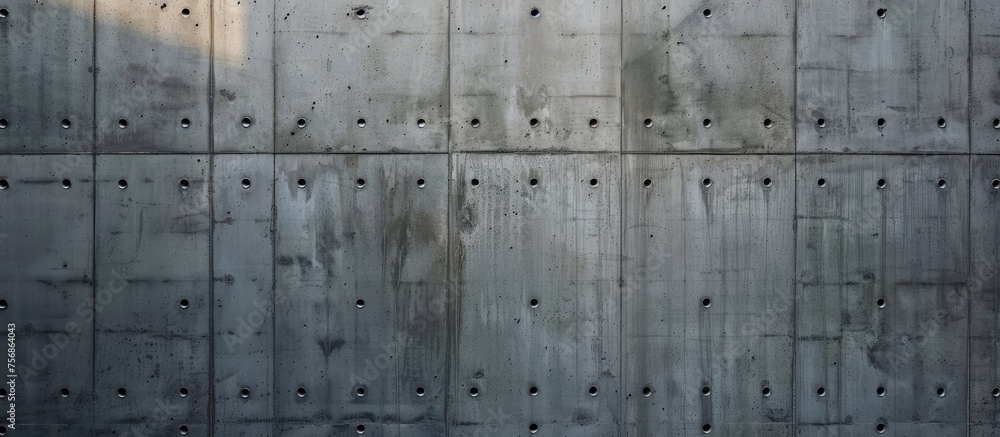 Poster a detailed closeup image of a concrete wall featuring rectangular holes in a parallel pattern. the c