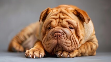 Close-up Portrait of a Relaxed Wrinkled English Bulldog Lying Down with a Pensive Look on Grey Background