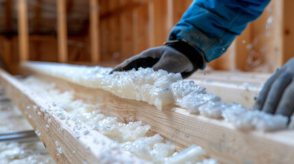 In a closeup of a construction workers gloved hand small pieces of aerogel insulation can be seen being carefully p between the beams and studs of a new building frame.