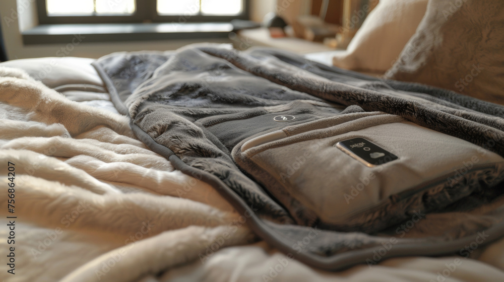 Poster a soft cozy blanket with hidden pockets containing smart speakers. by simply asking for the weather 