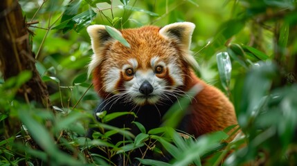 Close-up Portrait of a Cute Red Panda in Lush Green Foliage - Wildlife Photography