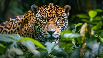 Majestic Jaguar Lurking in Dense Jungle Foliage, Intense Gaze of Predatory Big Cat in Natural Habitat