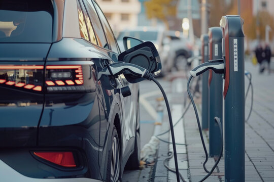 a black car is plugged into a charging station by AI generated image
