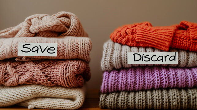 Piles of sorted sweaters, one to save and one to discard, during a closet clean-out. The concept of second hand, recycling.