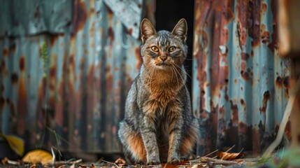Majestic Tabby Cat Sitting Proudly in Front of Rustic Corrugated Iron Wall with Vivid Autumn Foliage