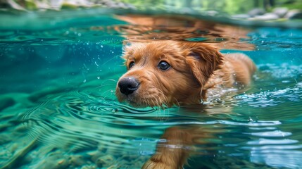 Cute Brown Puppy Swimming in Clear Blue Water with Underwater View in a Natural Mountain Stream
