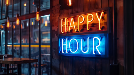 Blue and orange neon sign with HAPPY HOUR text illuminating the side of a building during the evening, bar or restaurant