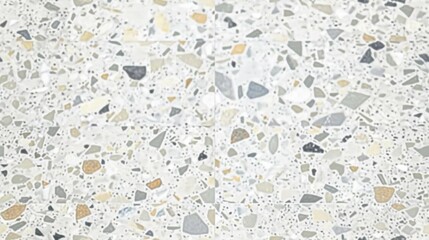 a square tile featuring a high-definition terrazzo pattern, with small to medium-sized flecks of grey, white, and beige on a bright background. The tile is laid out on a floor with subtle reflections
