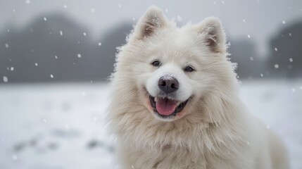 Fototapeta premium Smiling Samoyed Dog Enjoying Snowfall in Wintry Landscape, Fluffy Pure White Pet in Snowy Weather