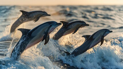 Fototapeta premium Pod of Playful Dolphins Leaping Together at Sunset Over Ocean Waves - Wildlife and Nature Concept