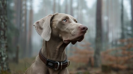 Attentive Weimaraner Dog Wearing Collar Sitting in Misty Forest - Portrait of Loyal Pet in a Natural Outdoor Setting