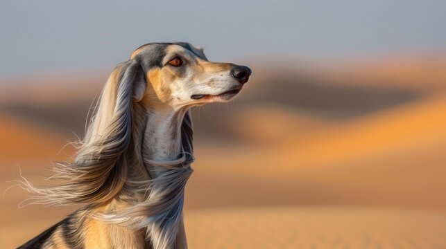 Elegant Saluki Dog with Flowing Scarf Against Golden Desert Background