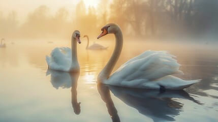 Majestic Swans Gliding on a Misty Lake at Dawn with Golden Sunlight Illuminating the Serene Waters