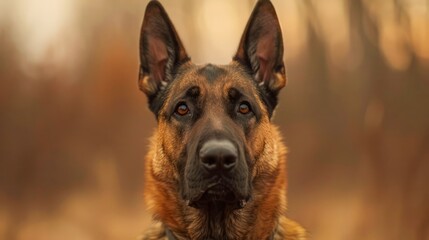 Naklejka premium Majestic German Shepherd Dog Posing in Warm Autumn Forest with Vibrant Foliage Background, Sharp Focused Portrait of a Purebred Canine