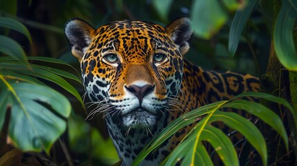 Majestic Spotted Jaguar Peering Through Lush Green Foliage in Natural Habitat