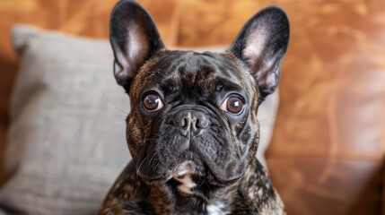 Fototapeta premium Adorable Brindle French Bulldog Sitting on Couch with Pillow in Cozy Home Interior, Cute Canine Companion, Pet Portrait