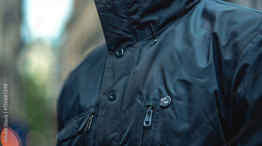 Poster a plainlooking jacket with a discreet button that activates a distress signal in case of an emergenc