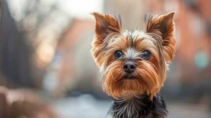 Close-up Portrait of a Cute Yorkshire Terrier Dog with a Shiny Coat and Attentive Gaze in an Urban Setting